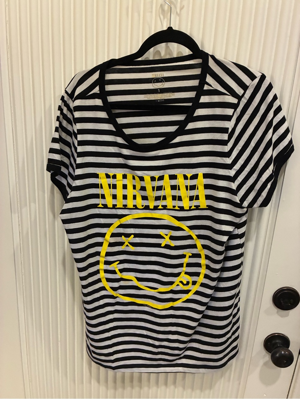 NIRVANA Black & White Striped Tee with Yellow Logo plus size Sz: 1X